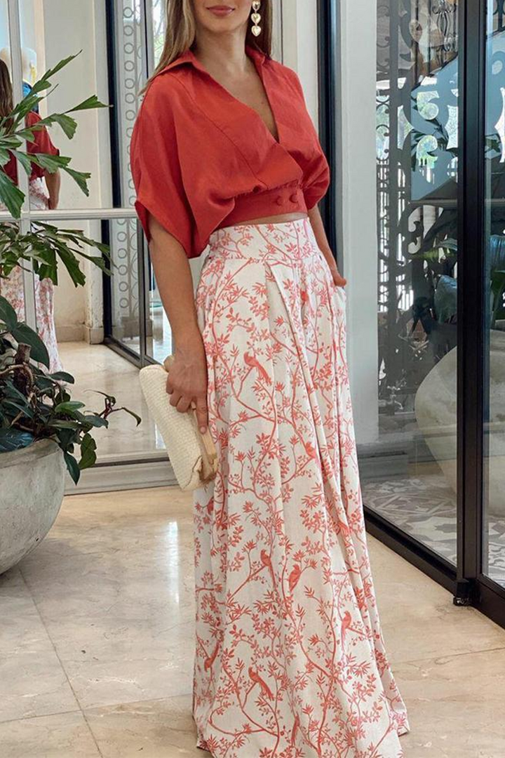 Zofia | Komplet Damski Satynowy Crop Top Szerokie Spodnie