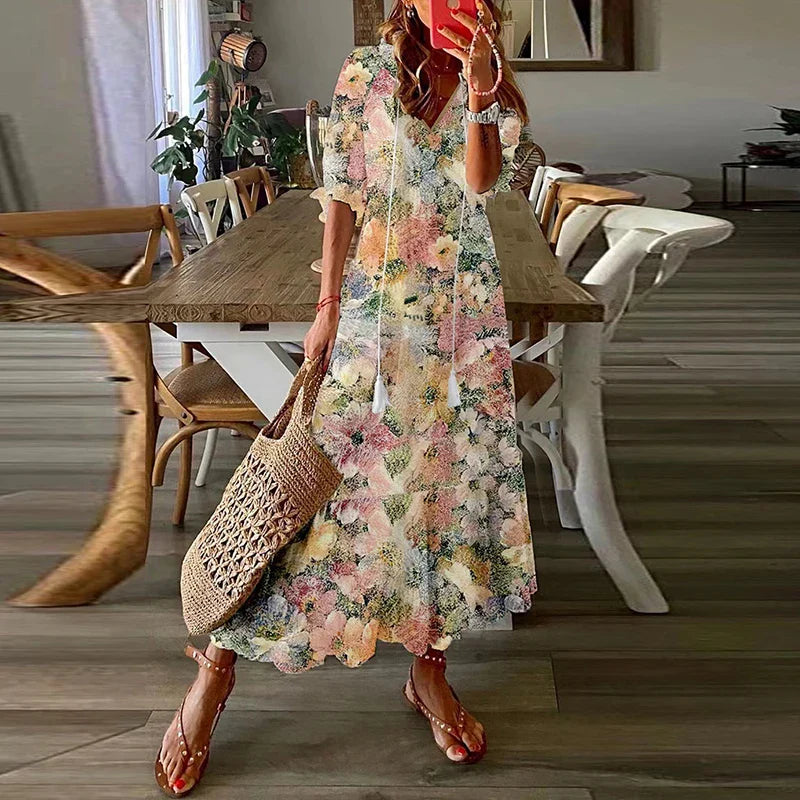 Paulina | Sukienka Damska Maxi Boho Letnia z Wzorem
