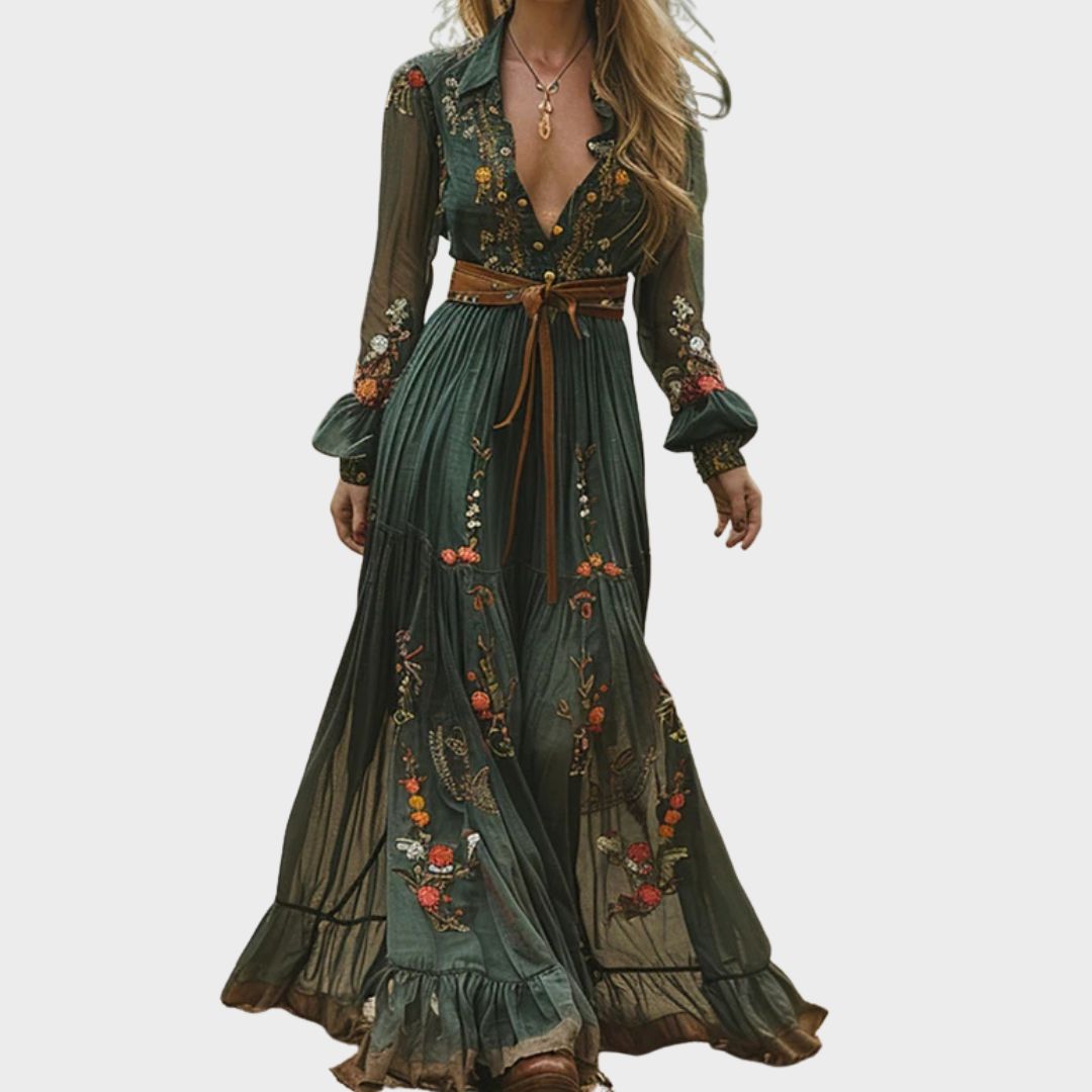 Natalia | Sukienka Maxi Damska Boho Z Haftem Z Długim Rękawem