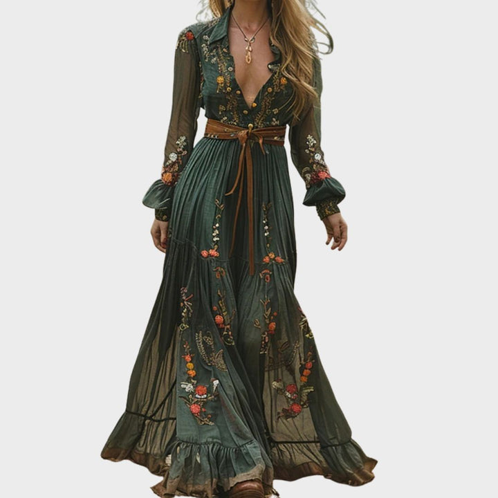 Natalia | Sukienka Maxi Damska Boho Z Haftem Z Długim Rękawem