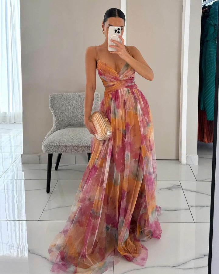 Weronika | Sukienka Damska Maxi w Kwiaty na Ramiączkach Letnia