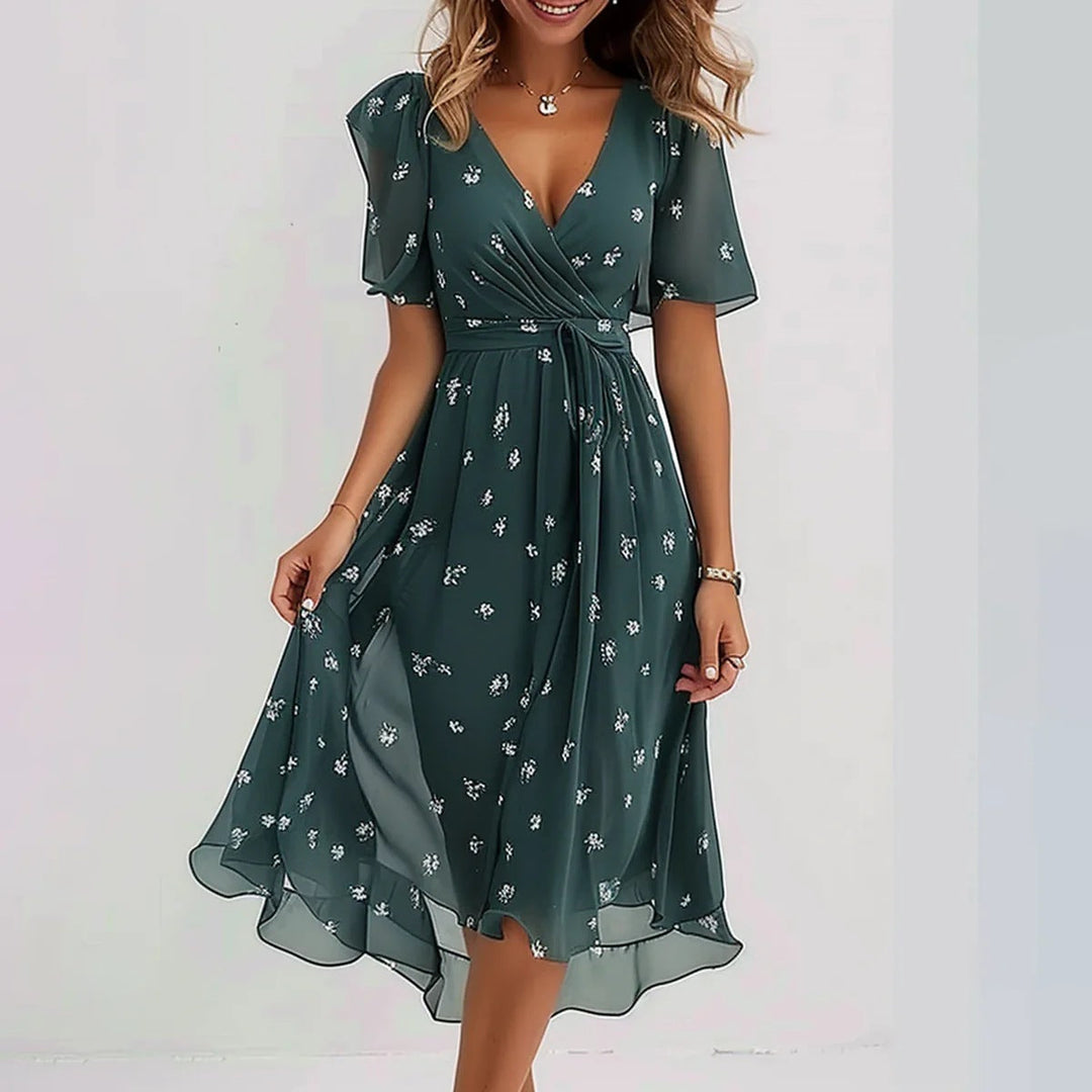 Aleksandra | Sukienka Midi Damska W Kwiaty Płynąca Elegancka Casualowa