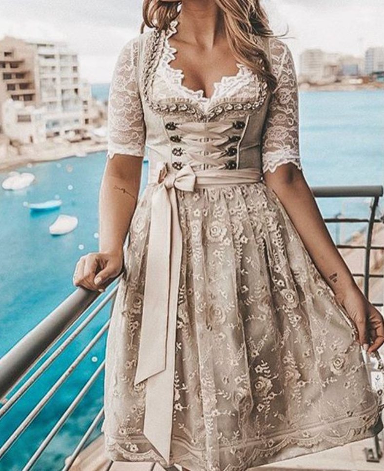 Ewa | Dirndl Damski Tradycyjny Z Gorsetem Sznurowanym Koronkowy