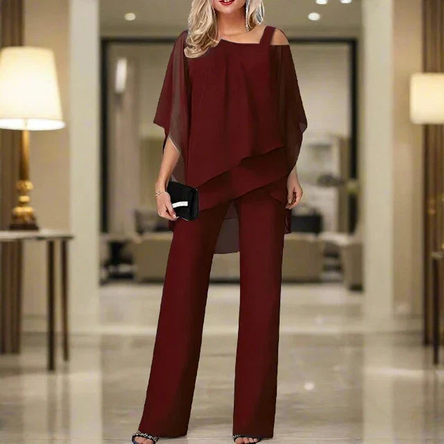 Aleksandra | Komplet Damski Szyfonowy Dwuczęściowy Narzutka Spodnie Elegancki