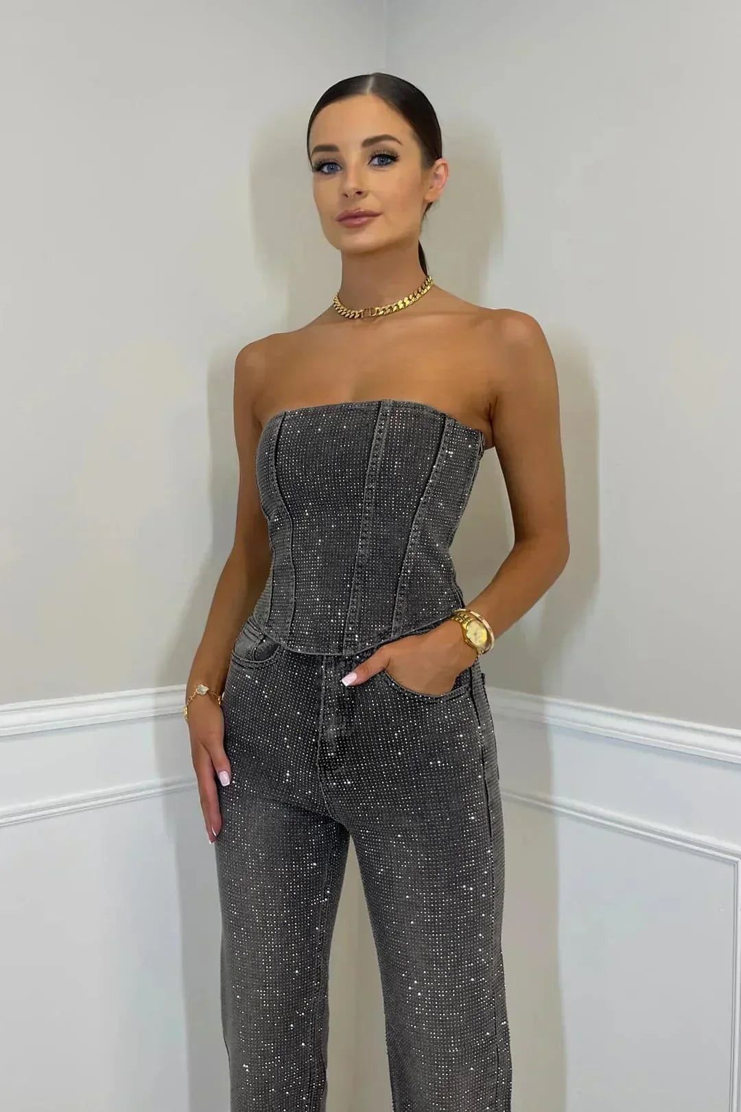 Aleksandra | Kombinezon Damski Bez Ramiączek Szerokie Nogawki Elegancki