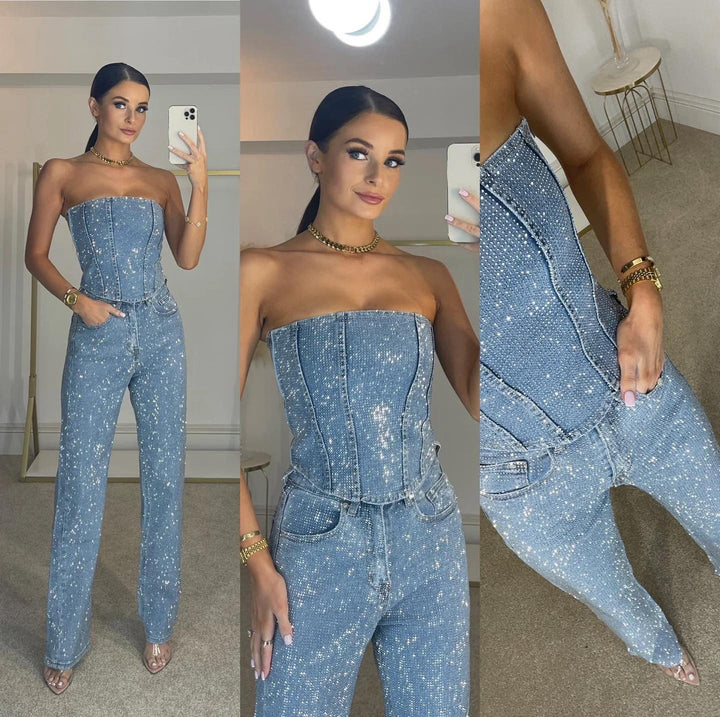 Aleksandra | Kombinezon Damski Bez Ramiączek Szerokie Nogawki Elegancki