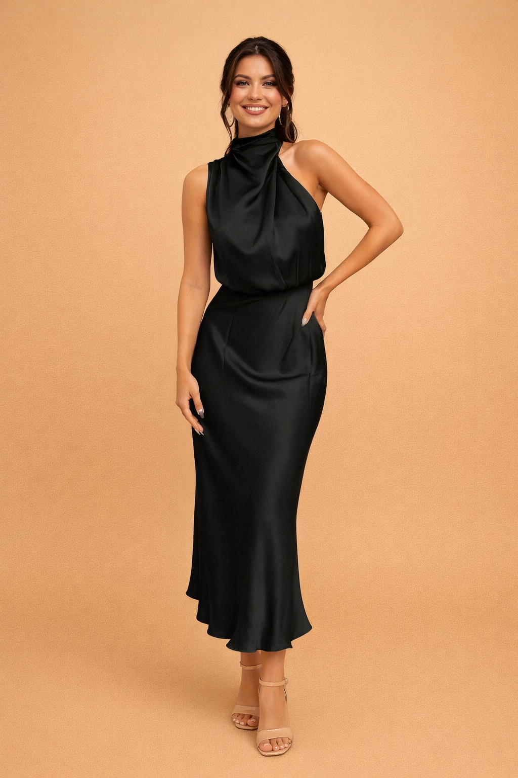 Marlena | Elegancka Sukienka Midi Na Jedno Ramię