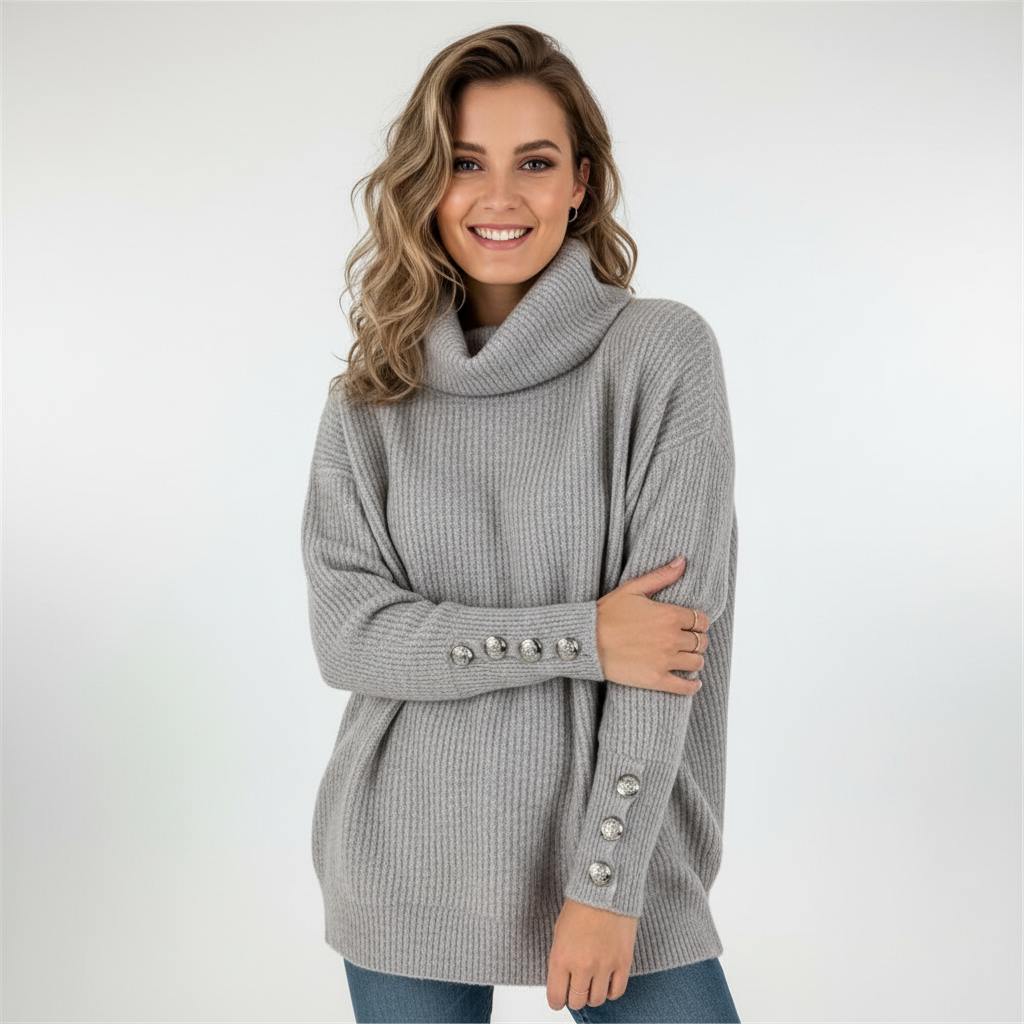 Elwira | Sweter damski z golfem i guzikami na rękawach