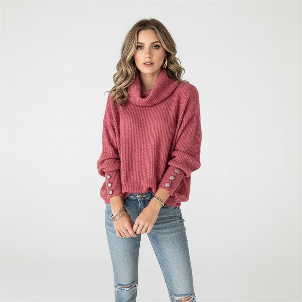 Elwira | Sweter damski z golfem i guzikami na rękawach