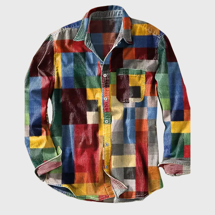 Rafał | Koszula Męska Vintage W Tęczowy Wzór Retro Casualowa