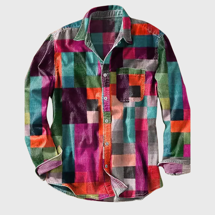 Rafał | Koszula Męska Vintage W Tęczowy Wzór Retro Casualowa