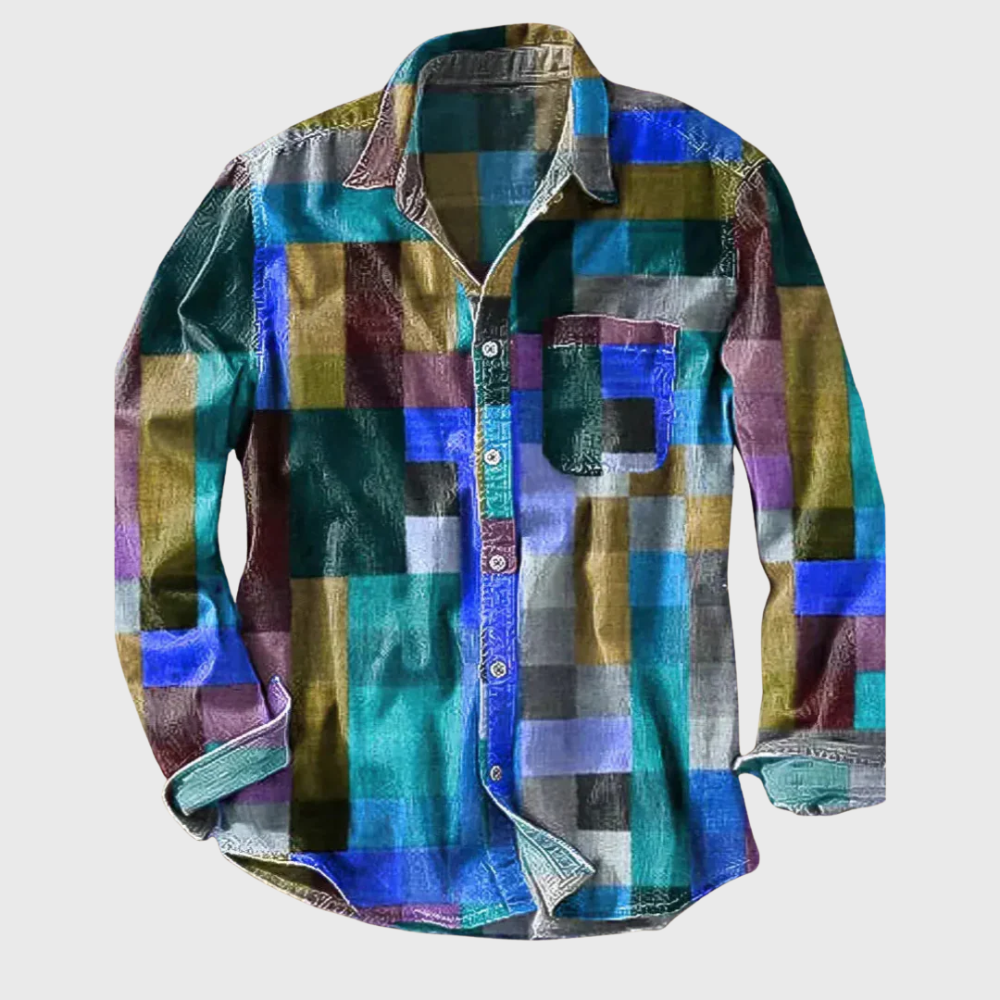Rafał | Koszula Męska Vintage W Tęczowy Wzór Retro Casualowa