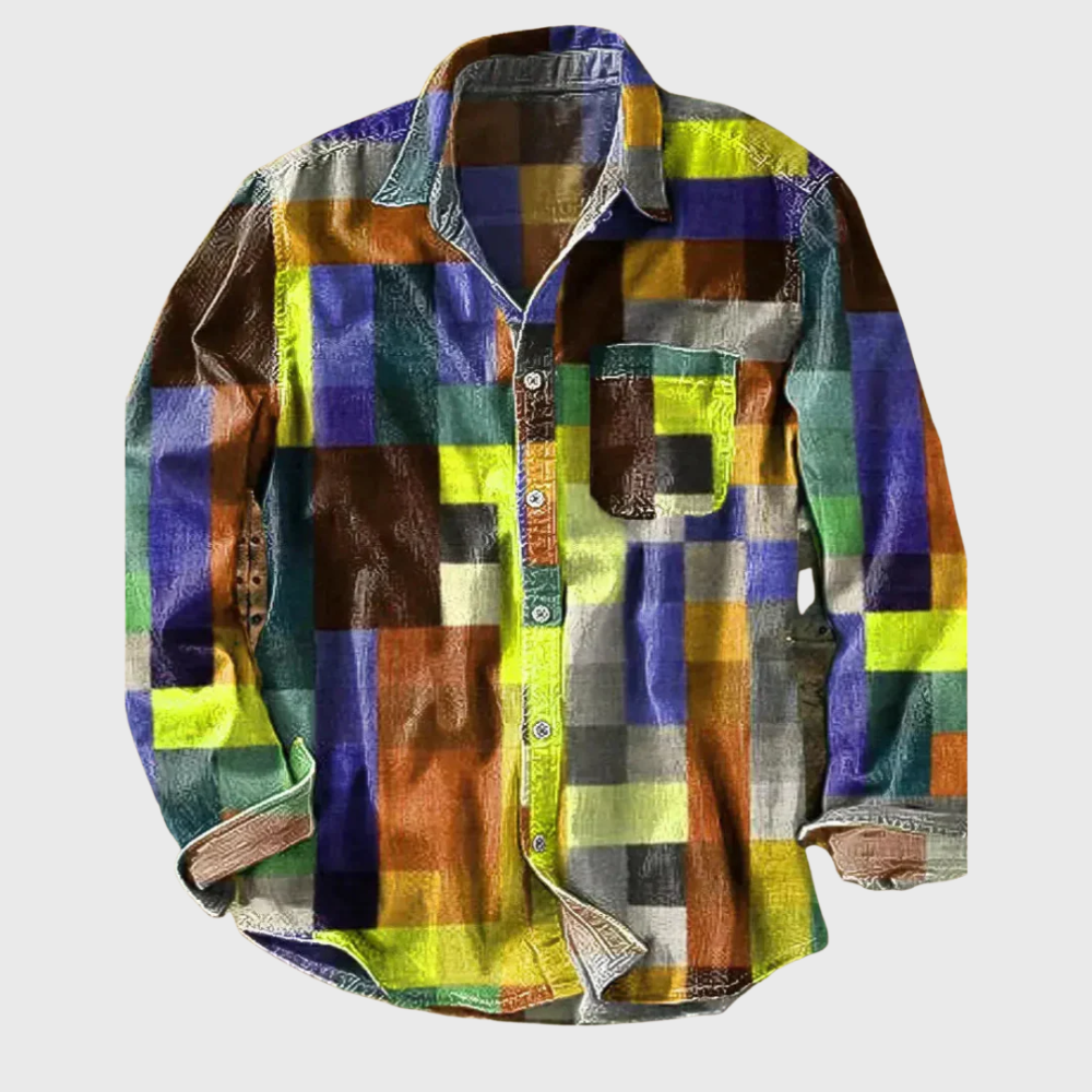 Rafał | Koszula Męska Vintage W Tęczowy Wzór Retro Casualowa