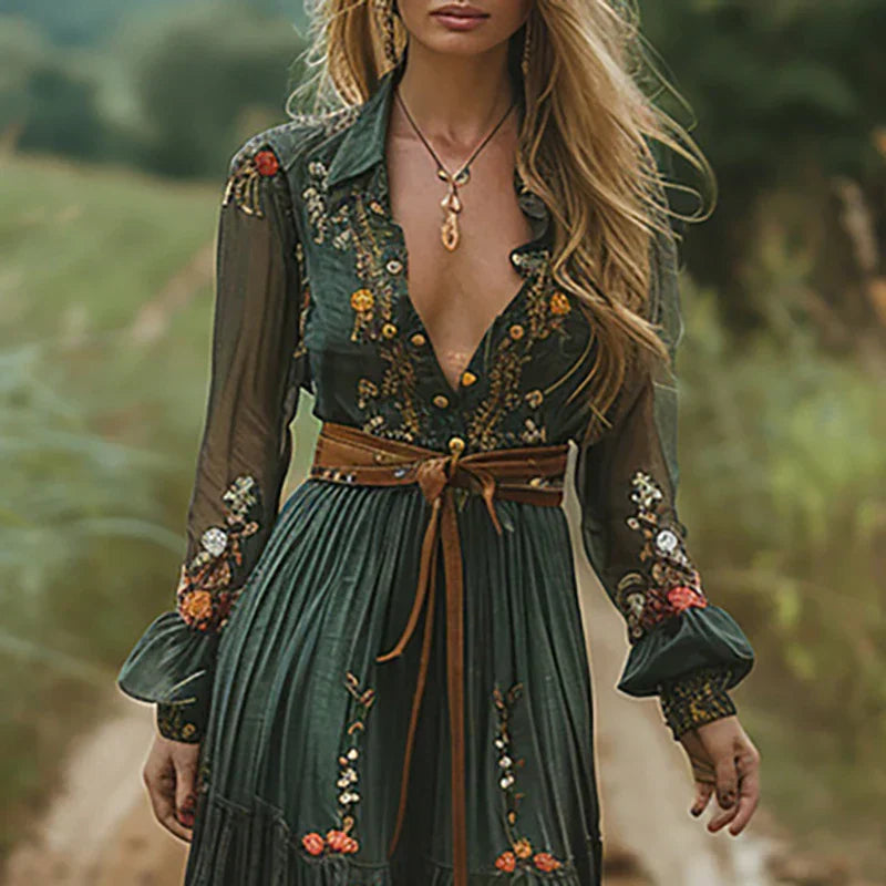 Natalia | Sukienka Maxi Damska Boho Z Haftem Z Długim Rękawem