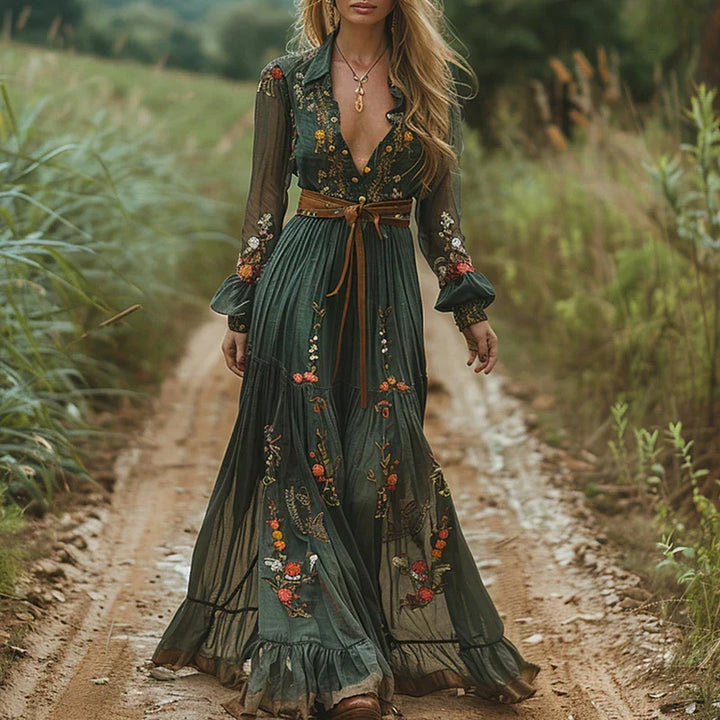 Natalia | Sukienka Maxi Damska Boho Z Haftem Z Długim Rękawem
