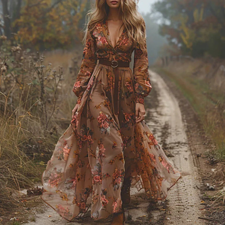 Natalia | Sukienka Maxi Damska Boho Z Haftem Z Długim Rękawem