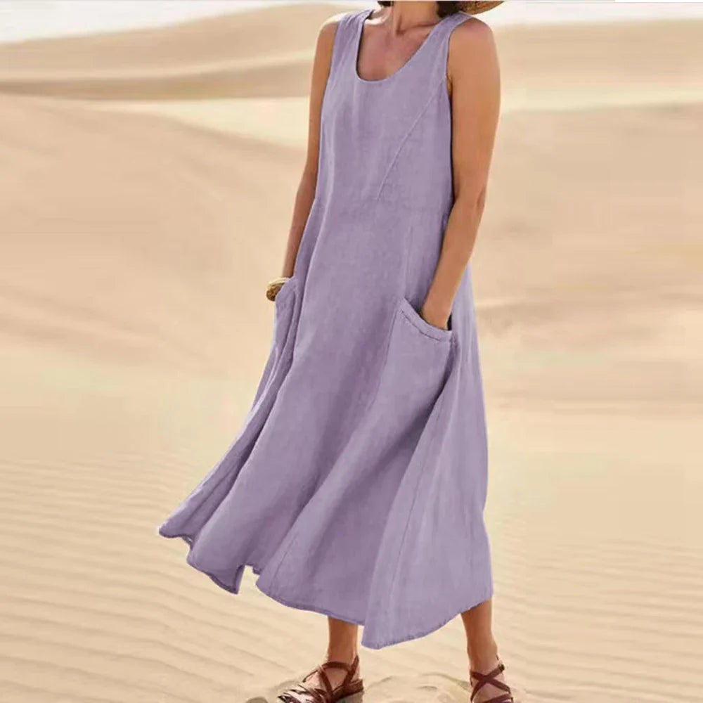 Natalia | Sukienka Maxi Damska Lniana Z Kieszeniami Letnia