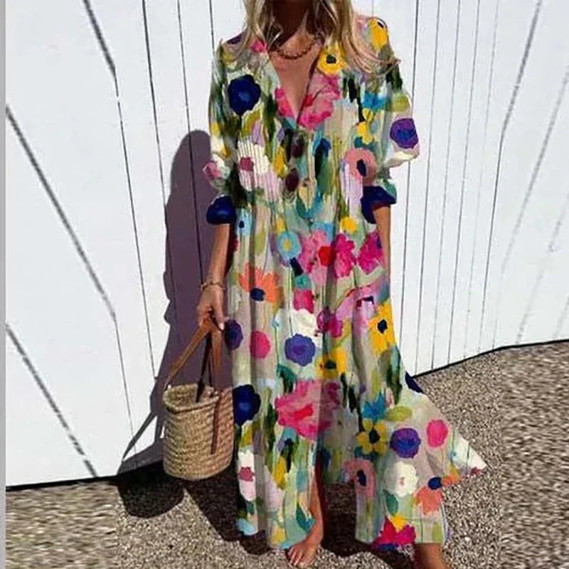 Paulina | Sukienka Damska Maxi W Kwiaty Z Długim Rękawem