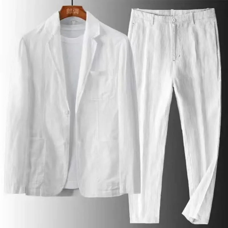Adam | Komplet Męski Lniany Marynarka Spodnie Letni