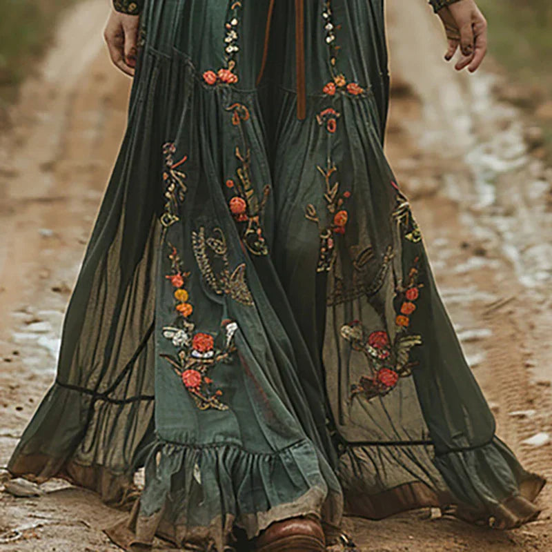 Natalia | Sukienka Maxi Damska Boho Z Haftem Z Długim Rękawem
