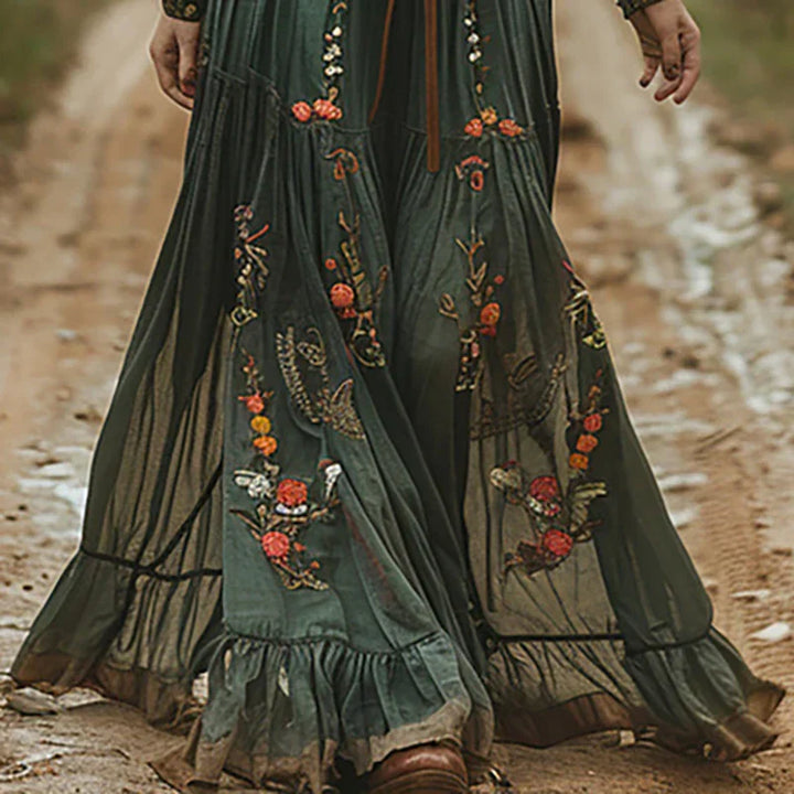 Natalia | Sukienka Maxi Damska Boho Z Haftem Z Długim Rękawem