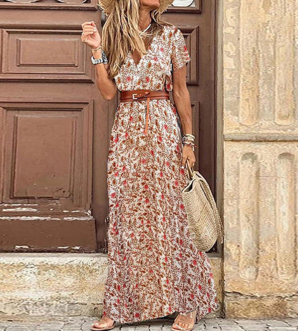 Natalia | Sukienka Maxi Damska Boho Z Dekoltem V Krótki Rękaw Letnia