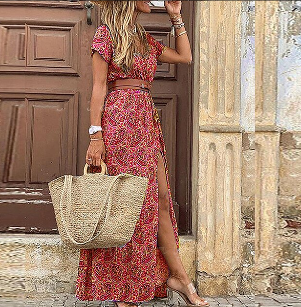 Natalia | Sukienka Maxi Damska Boho Z Dekoltem V Krótki Rękaw Letnia