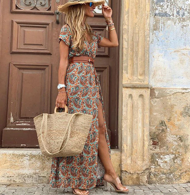 Natalia | Sukienka Maxi Damska Boho Z Dekoltem V Krótki Rękaw Letnia