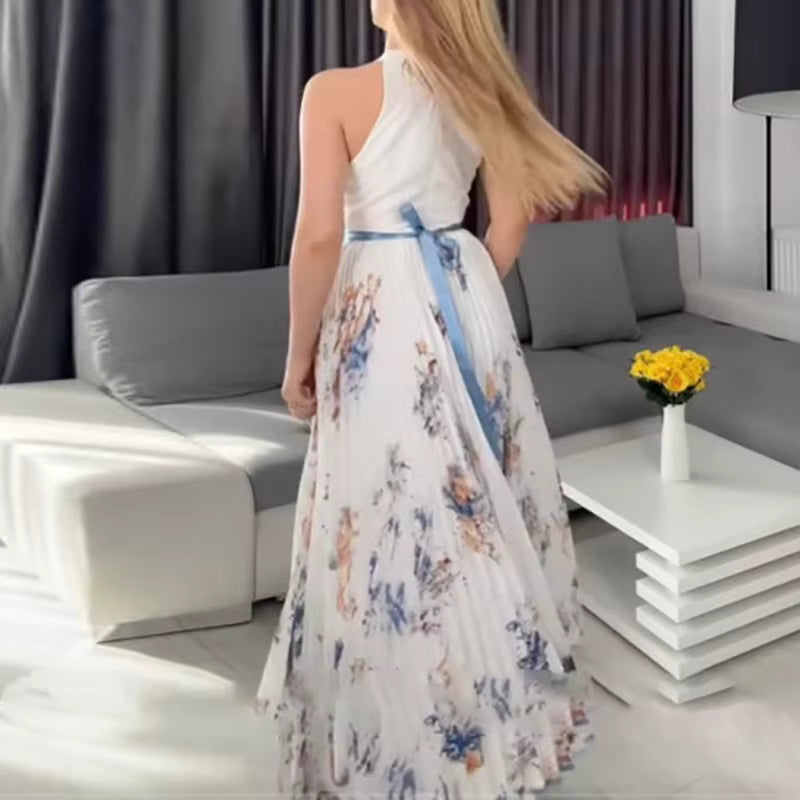 Natalia | Sukienka Maxi Damska Plisowana Z Dekoltem V W Kwiaty