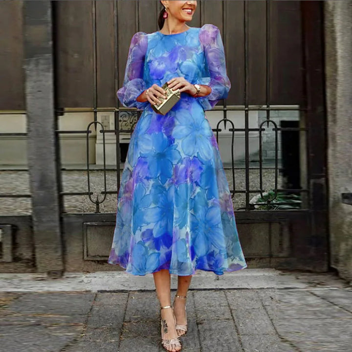 Aleksandra | Sukienka Midi Damska W Kwiaty Na Wesele Różowo-Niebieska