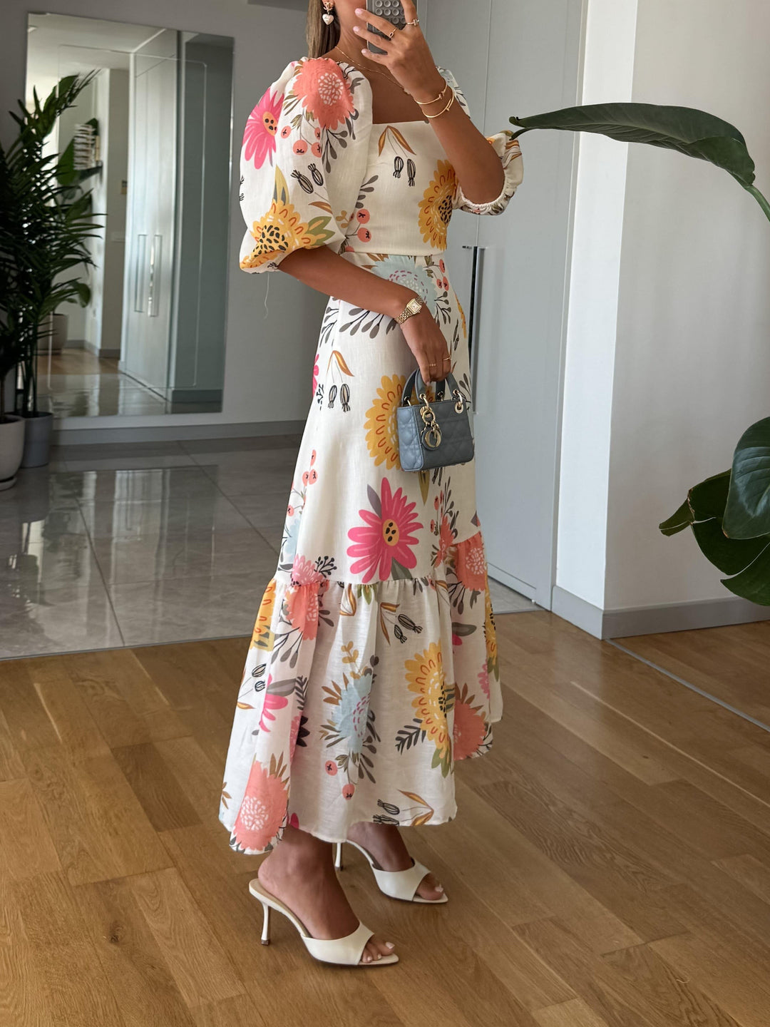 Elżbieta | Sukienka Midi Elegancka Z Bufiastymi Rękawami