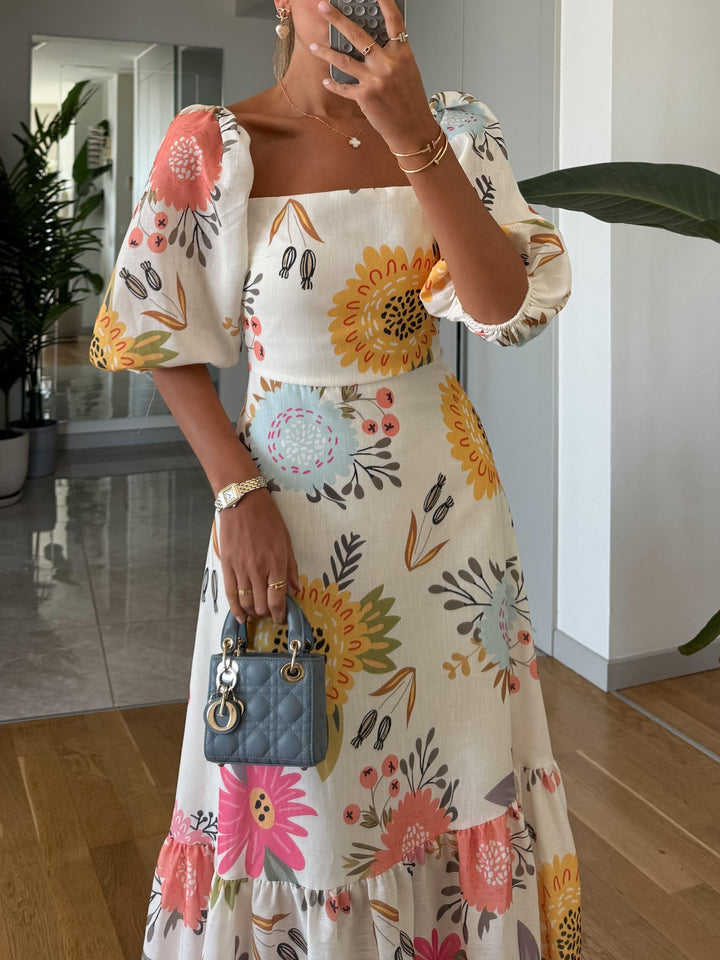 Elżbieta | Sukienka Midi Elegancka Z Bufiastymi Rękawami