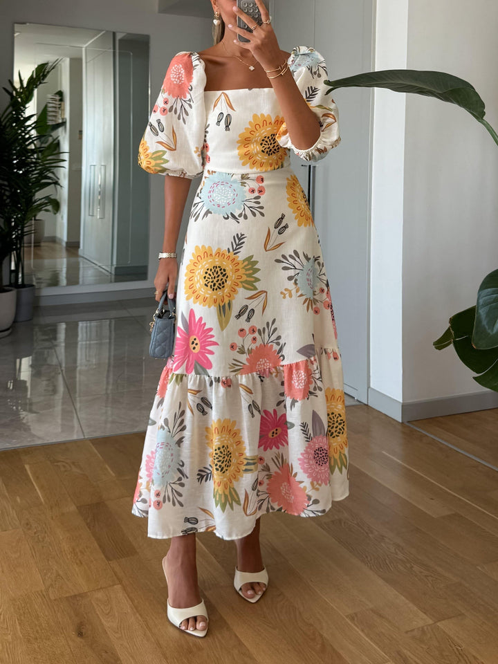 Elżbieta | Sukienka Midi Elegancka Z Bufiastymi Rękawami