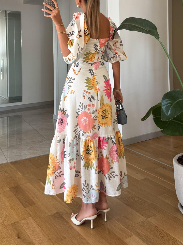 Elżbieta | Sukienka Midi Elegancka Z Bufiastymi Rękawami
