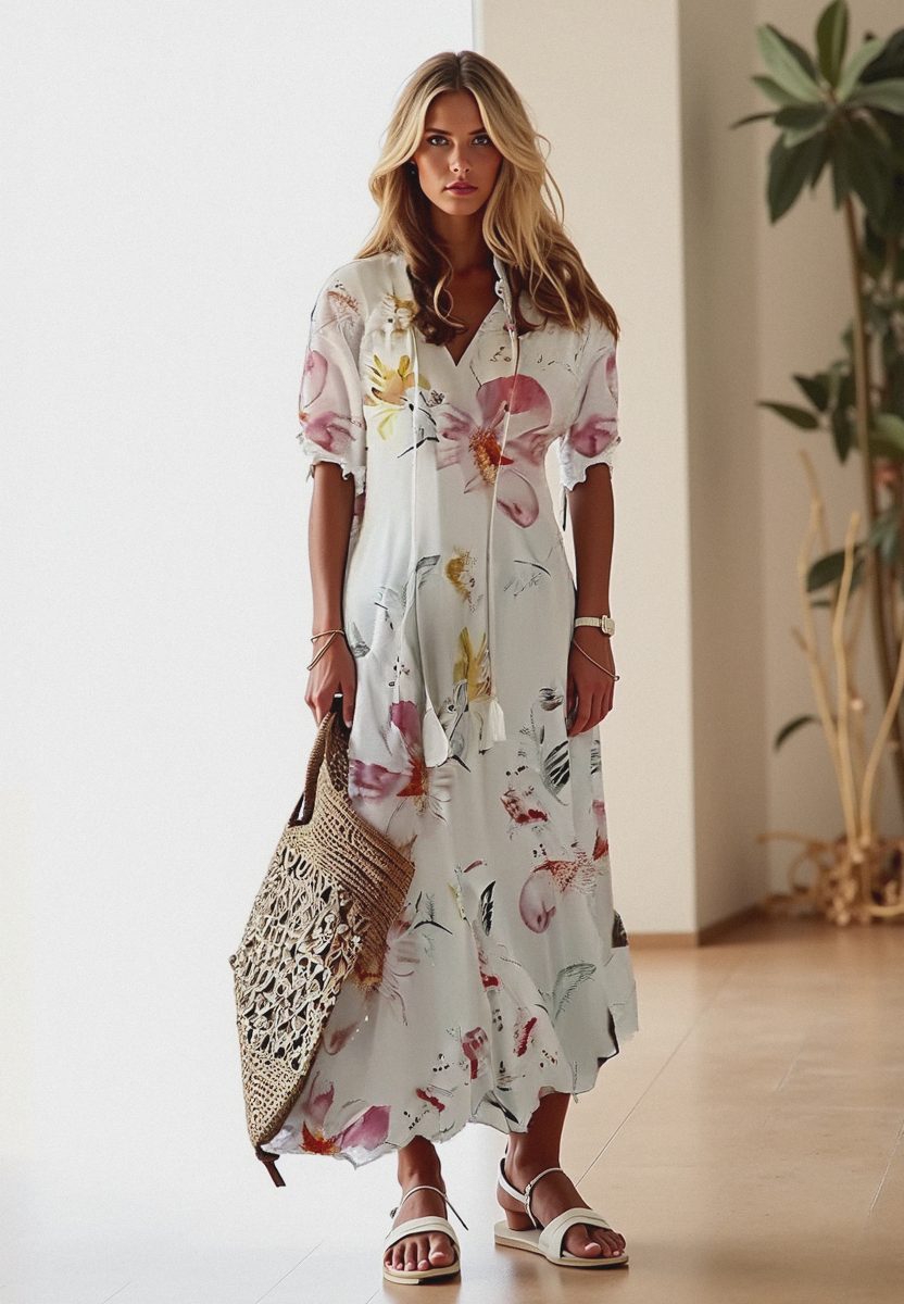 Natalia | Sukienka Maxi Damska Boho Z Dekoltem V Z Krótkim Rękawem Letnia
