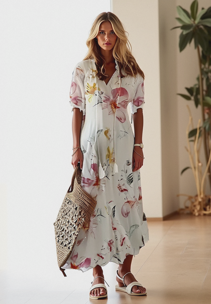 Natalia | Sukienka Maxi Damska Boho Z Dekoltem V Z Krótkim Rękawem Letnia