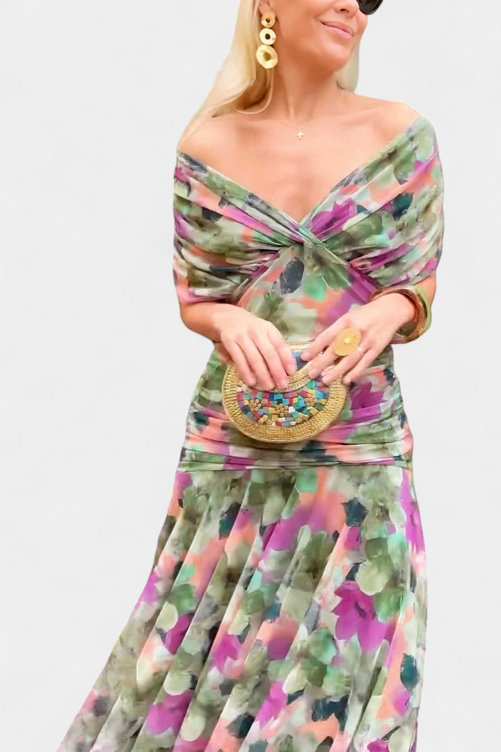 Maja | Sukienka Damska Elegancka W Kwiaty Dekolt V Plisowana Maxi