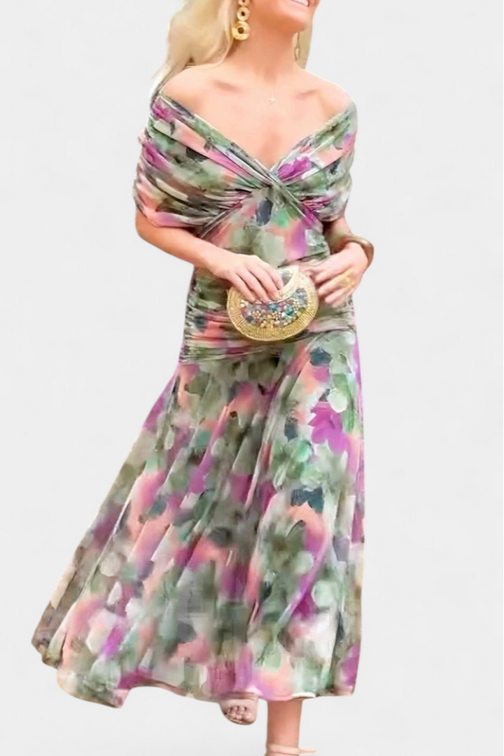 Maja | Sukienka Damska Elegancka W Kwiaty Dekolt V Plisowana Maxi
