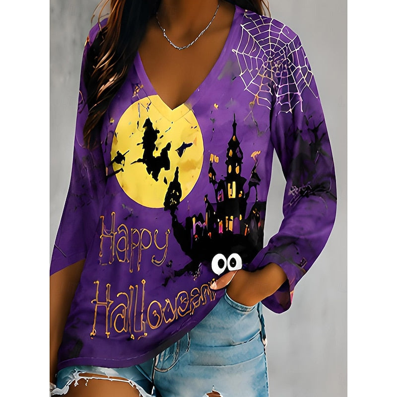 Jadwiga | Top damski z dekoltem w serek i nadrukiem Halloween