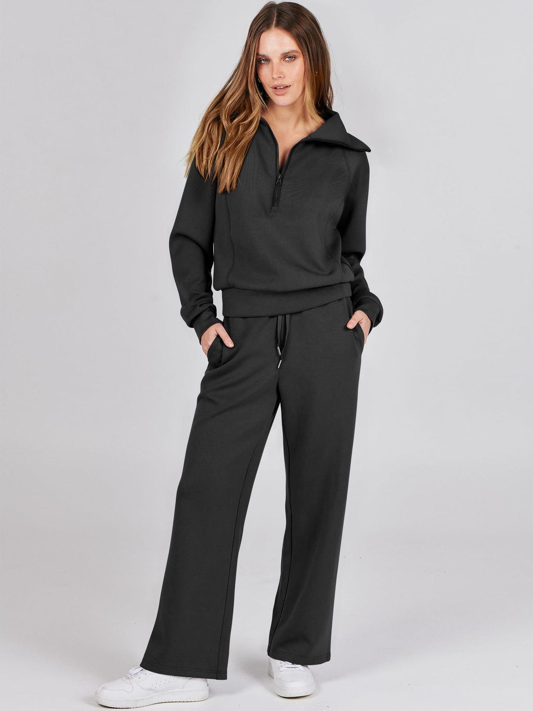Karolina | Komplet Damski Casual Bluza Zip Spodnie Szerokie