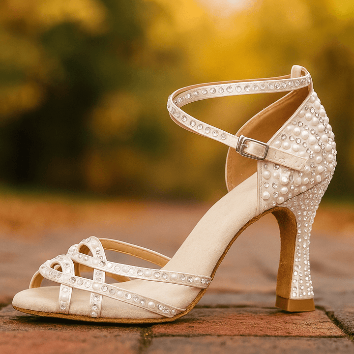Aleksandra | Buty Taneczne Damskie Satynowe Z Kryształami Na Obcasie