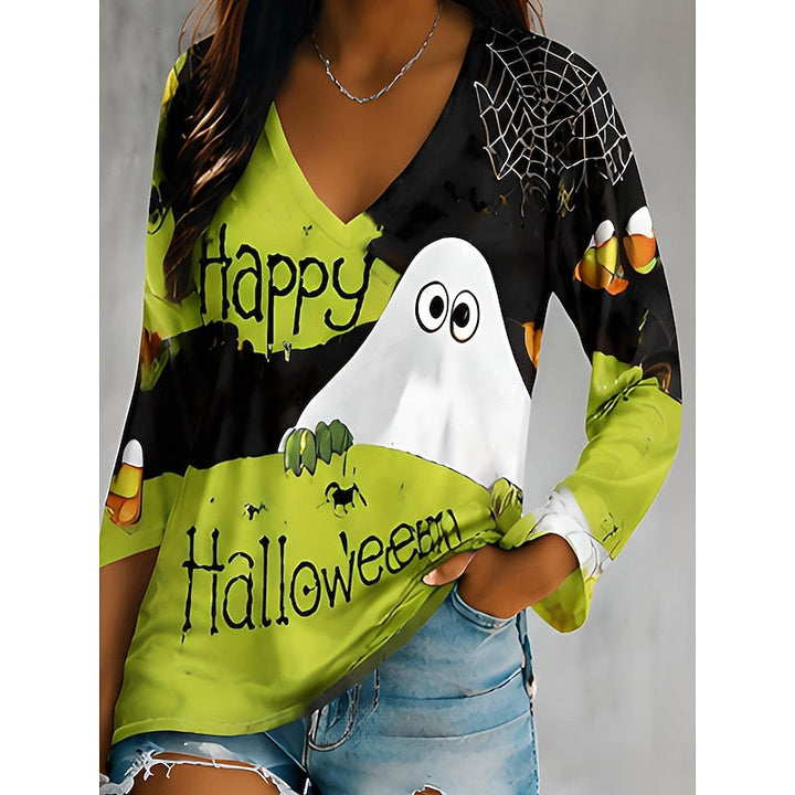 Jadwiga | Top damski z dekoltem w serek i nadrukiem Halloween