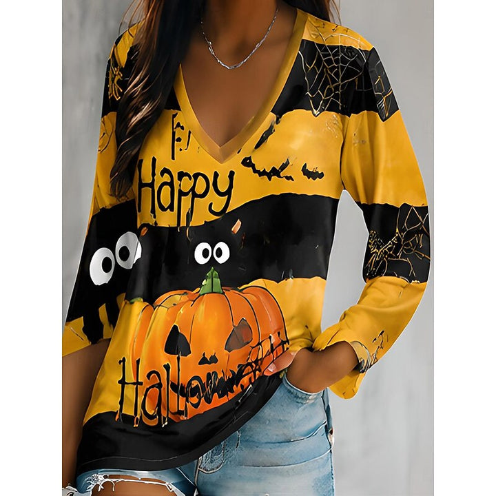 Jadwiga | Top damski z dekoltem w serek i nadrukiem Halloween