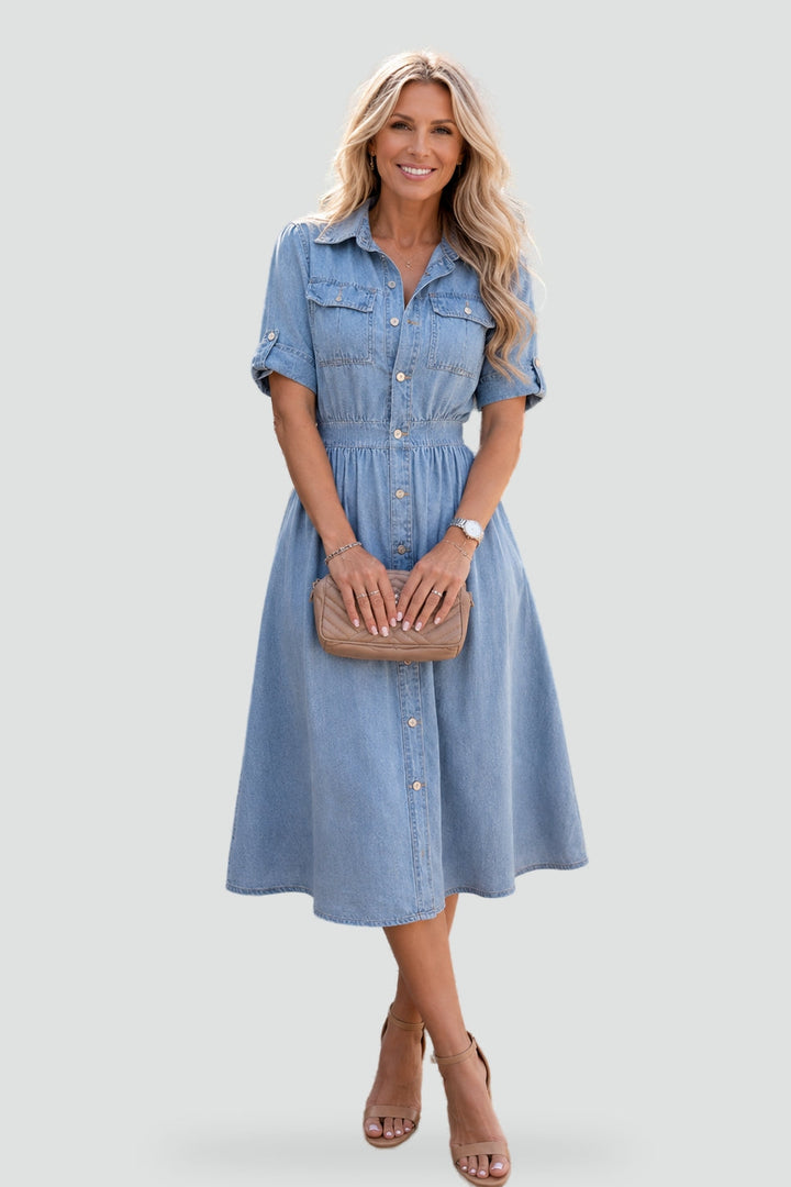 Bogumiła | Sukienka Midi Denim W Kwiaty