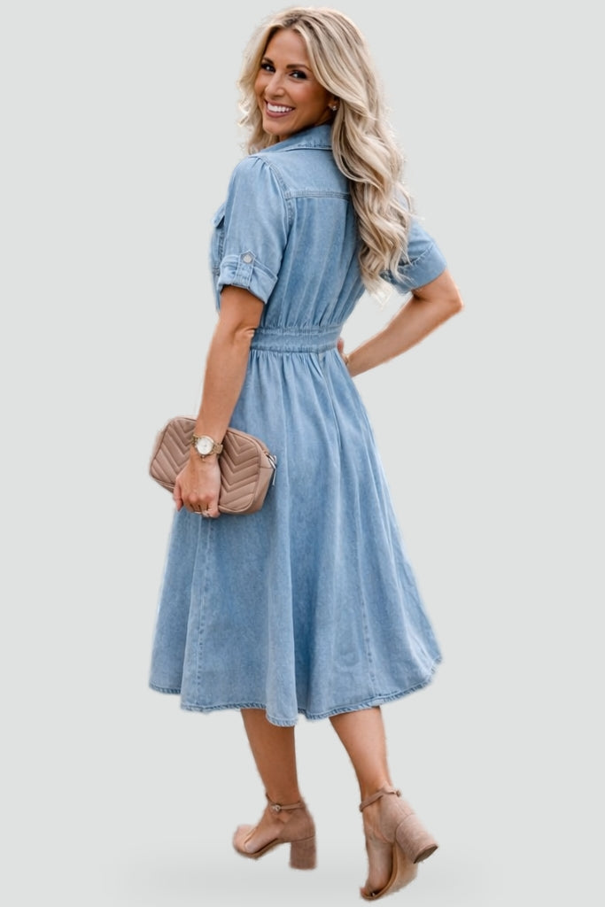 Bogumiła | Sukienka Midi Denim W Kwiaty