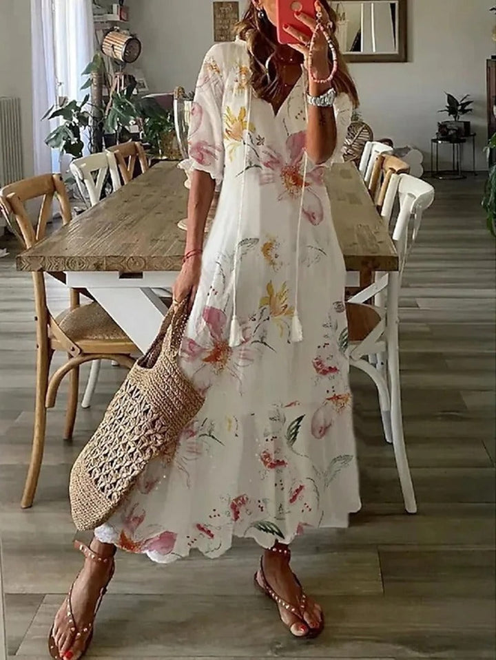 Natalia | Sukienka Maxi Damska Boho Z Dekoltem V Z Krótkim Rękawem Letnia