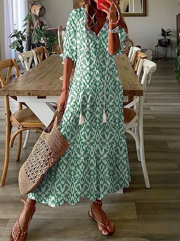 Natalia | Sukienka Maxi Damska Boho Z Dekoltem V Z Krótkim Rękawem Letnia