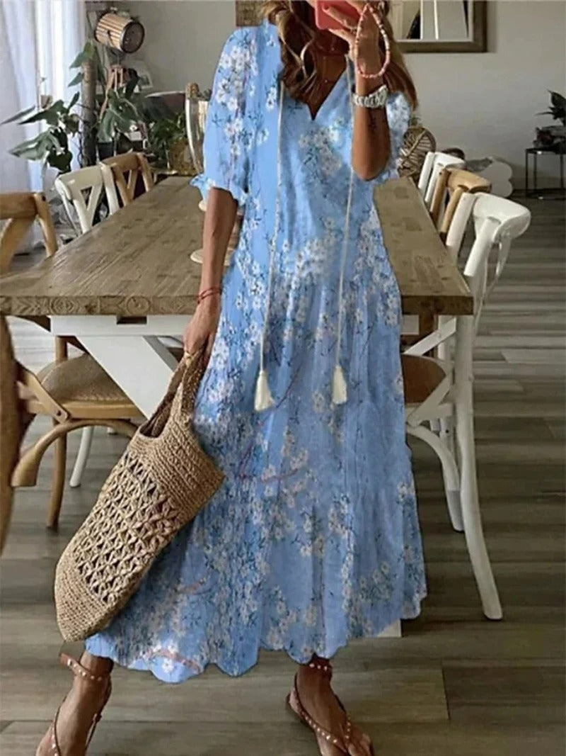 Natalia | Sukienka Maxi Damska Boho Z Dekoltem V Z Krótkim Rękawem Letnia