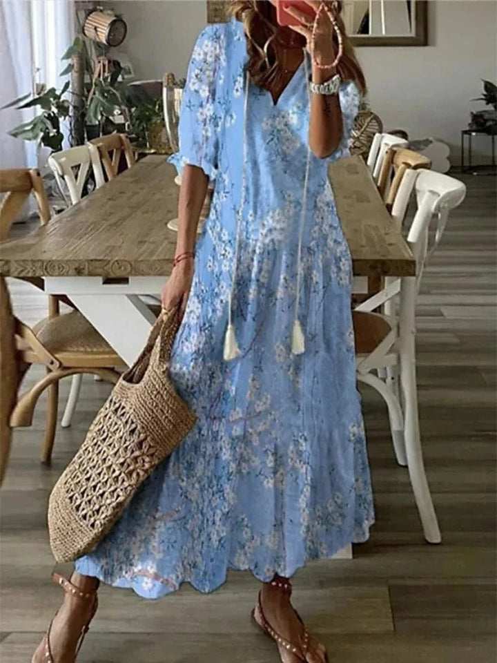 Natalia | Sukienka Maxi Damska Boho Z Dekoltem V Z Krótkim Rękawem Letnia