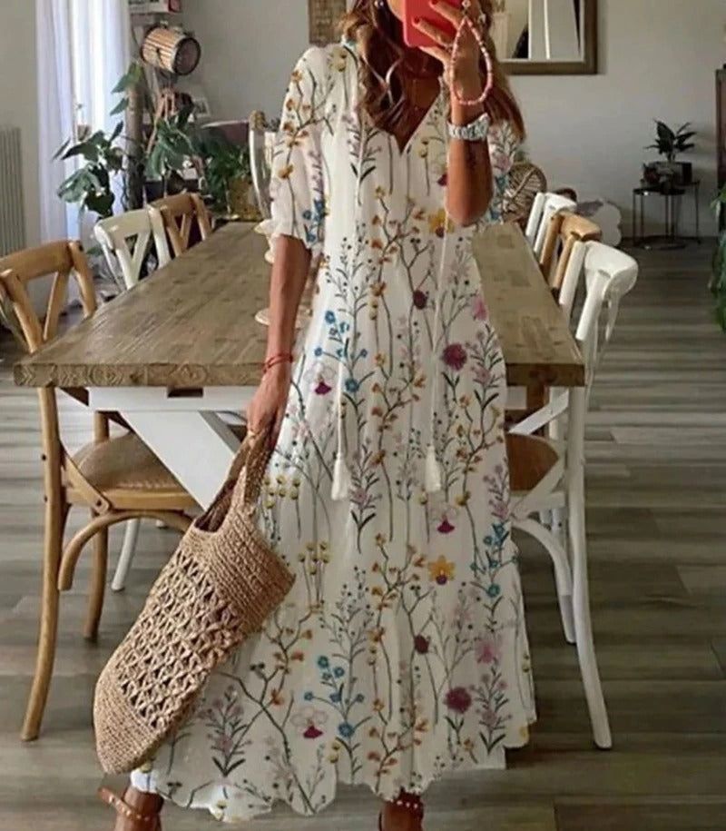Natalia | Sukienka Maxi Damska Boho Z Dekoltem V Z Krótkim Rękawem Letnia